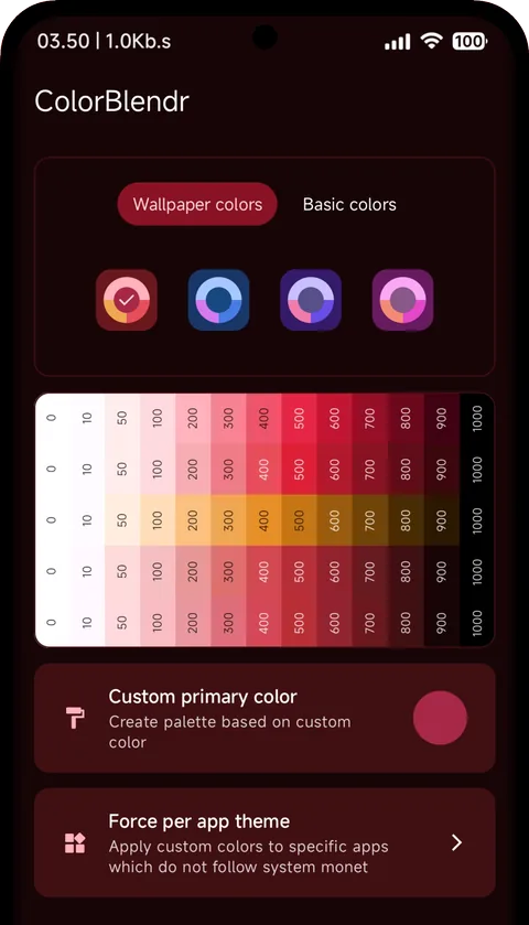 Colors screen: wallpaper and basic seed colors above the full tonal palette grid