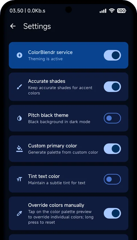 Settings screen: service switch, accurate shades, pitch black theme, custom primary color and tint text options
