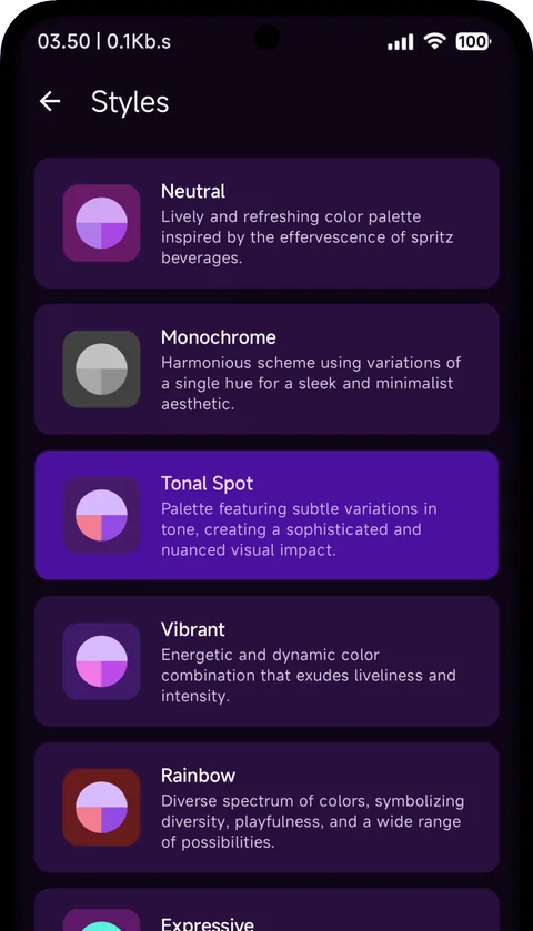 Styles screen: the list of Monet style presets, Tonal Spot selected