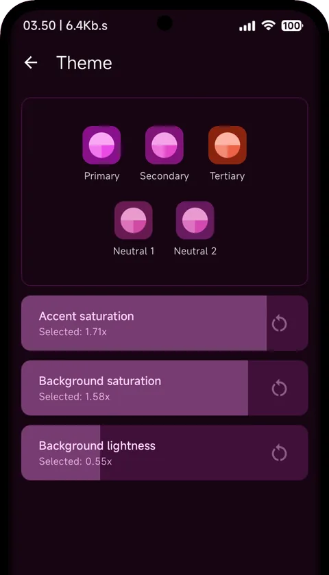 Theme screen: saturation and lightness sliders with a live preview
