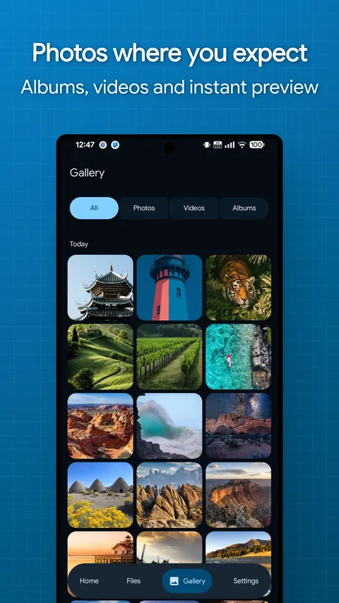Gallery tab with a grid of photos grouped by day