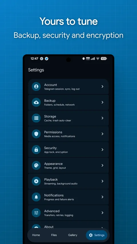 Settings tab listing account, backup, storage, security, appearance and playback options
